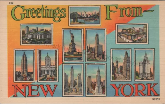 New York City - Large Letter *unused* vintage NYC linen Greetings postcard