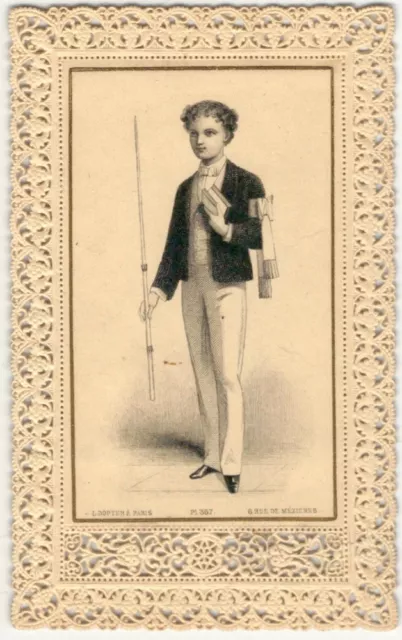Mid-19th Century Paris French Paper Lace Holy Card - Boy with Book