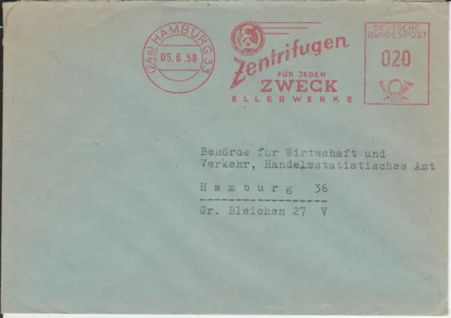 Firmenbrief Freistempel / AFS Hamburg 33 Barmbek, Ellerwerke, Zentrifugen, 1958