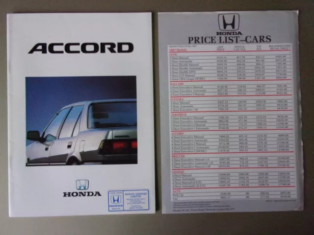 HONDA ACCORD RANGE orig 1987 UK Mkt Sales Brochure + Price List - EX EXi 2.0i-16