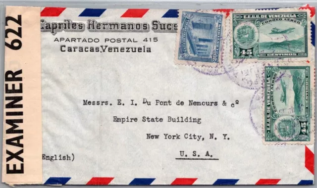 Schallstamps Venezuela 1940-45 Wwii Censored Airmail Cover Addr Usa