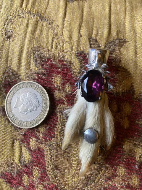 Vintage Grouse Foot Brooch Scottish Kilt Pin  Amethyst Facet Insert Claw Taxid