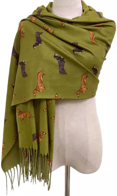 Dachshund Scarf Ladies Sausage Dogs Dog Print Wrap Large Green Shawl Pashmina