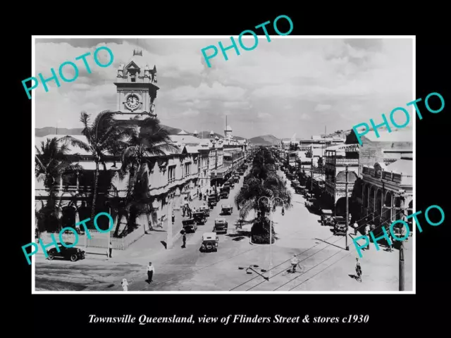 OLD LARGE HISTORIC PHOTO OF TOWNSVILLE QUEENSLAND FLINDERS ST & STORES c1930