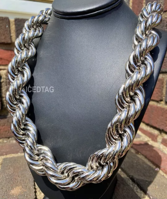 14K White Gold Plated 14- 30MM Dookie Hollow Chunky Rope Chain Hip Hop Necklace