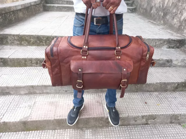 Men's Real Leather Travel Bag Brown Luggage Large Weekend Duffle Sport Bag Gym
