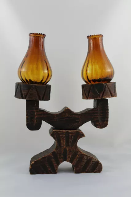 Candelabro de madera y Tulipas en Vidrio Ambar,  2 Velas.  VINTAGE Rustico