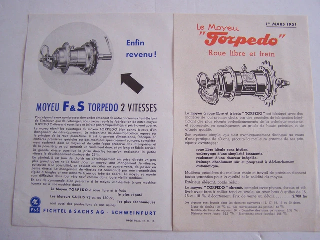 4 Publicités Anciennes - Moyeu Torpeda Roue Libre Frein - Maison Fichtel Et Sachs - 1950