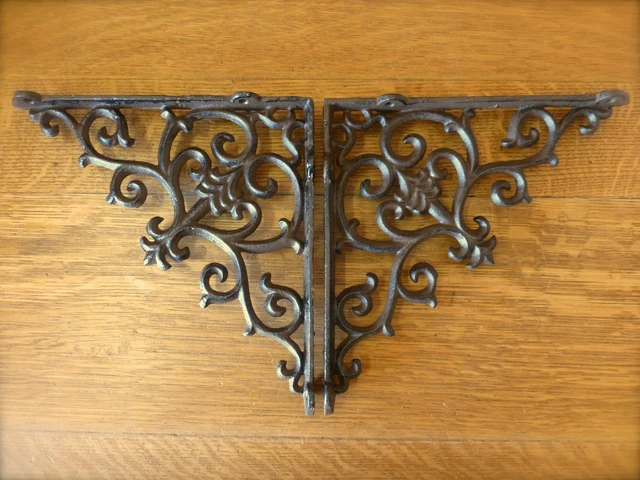 2 BROWN ANTIQUE-STYLE 9.5" CAST IRON SHELF BRACKETS braces garden FANCY ORNATE 2