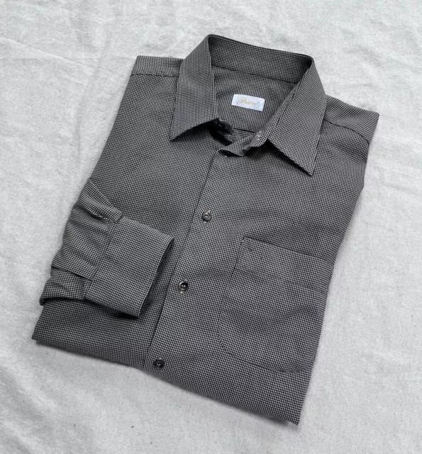 VTG BRIONI Button Front Shirt Gray Herringbone Check All Cotton LARGE Italy Made