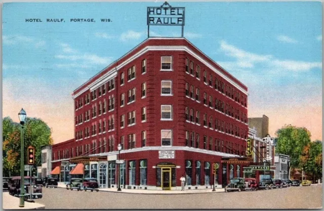 PORTAGE, Wisconsin Postcard HOTEL RAULF Street View / Kropp Linen / 1938 Cancel