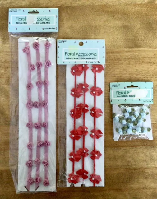 3 VTG Packages of Ribbon/Faux Pearl Garland, FLORAL ACCESSORIES, 1 Yard Each-NEW