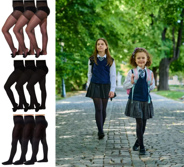 Girls Grey Tights School Tights Warm Cotton Rich Plain 3 Pack Kids Uniform  Thick