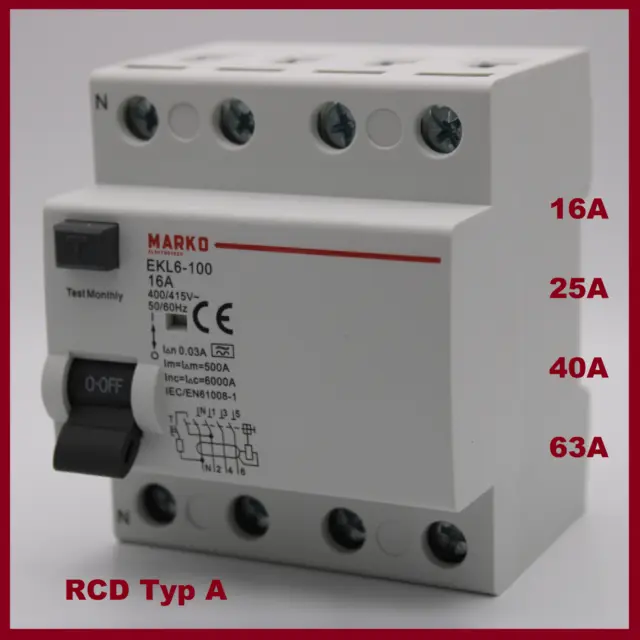 FI-SCHALTER  Fehlerstromschutzschalter RCD  16A 25A 40A 63A 30mA 4-polig  Typ A