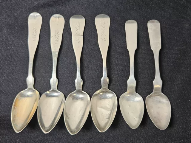 6 Antq Coin Silver Spoons-Akers/Gifford Fall River /Albert?-5 5/8In-1.3 Ozt