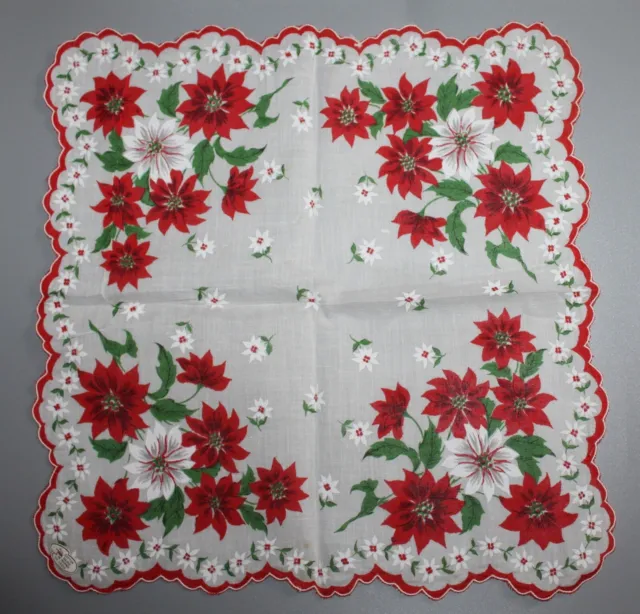 Vintage Hanky Handkerchief ~ Christmas Red and White Poinsettias Bunches Design