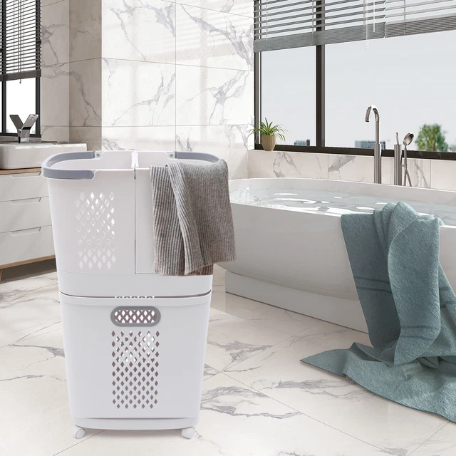 3 Tier Hand-Held Laundry Basket Movable Laundry Hamper Storage Cart w/ Wheels