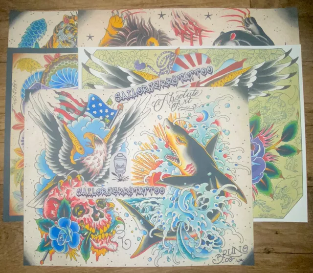 Lote flash de 5 hojas de tatuaje ""Brian Bruno"" de principios de la década de 2000!