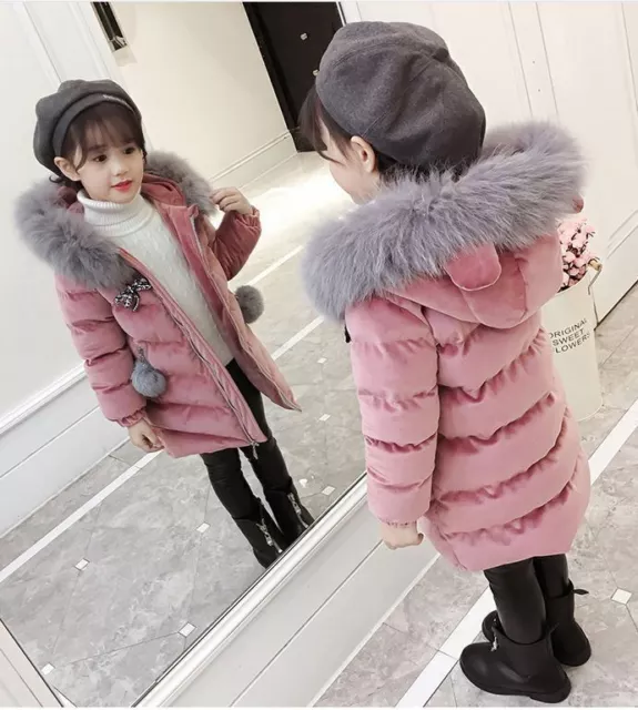 Kids Girls Thick Velvet Quilted Jacket Fur Collar Long Parka Hooded Coat Winter 2