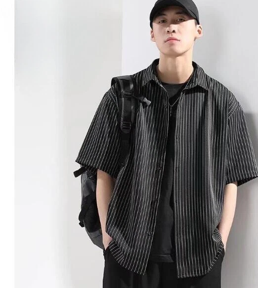 Men Japanese Kimono Jacket Striped Coat Yukata Haori Retro Short Sleeve Casual