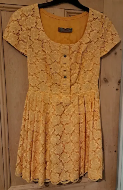 Broderie Anglaise Lace Yellow Dress Fits Size 10-12 Summer Vintage Retro
