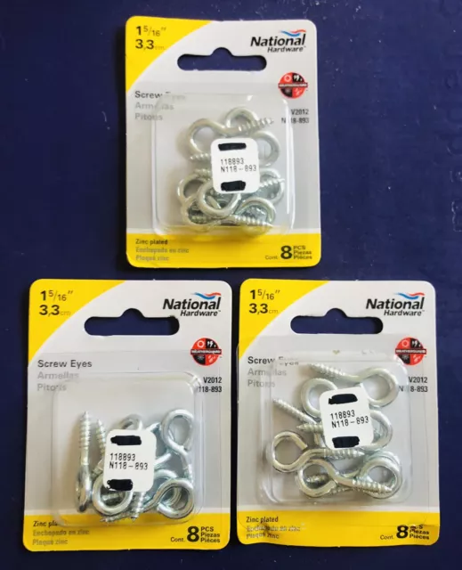 3 pks of 8 - National Hardware 1-5/16" Zinc-Plated Screw Eyes N118-893 V2012