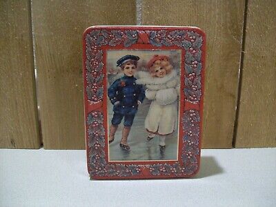 Vintage Katy Winters Design Christmas Tin Container Victorian Boy and Girl Holly