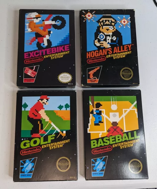 NES Black Box Lot of 4 Games Circle Seal, Hangtab 5-screw Excitebike Baseball