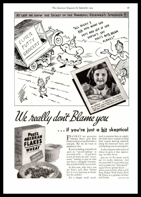 1934 Post's 40% Bran Flakes Wheat Cereal Elmer Futty Grocery F. Fox Art Print Ad
