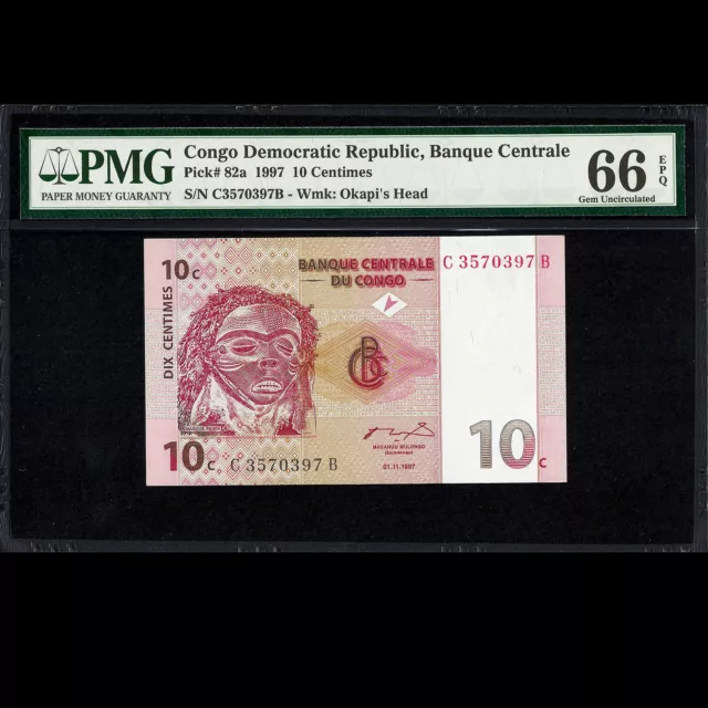 Congo Democratic Republic 10 Centimes 1997 PMG HIGH GRADE 66 GEM UNC EPQ P-82a