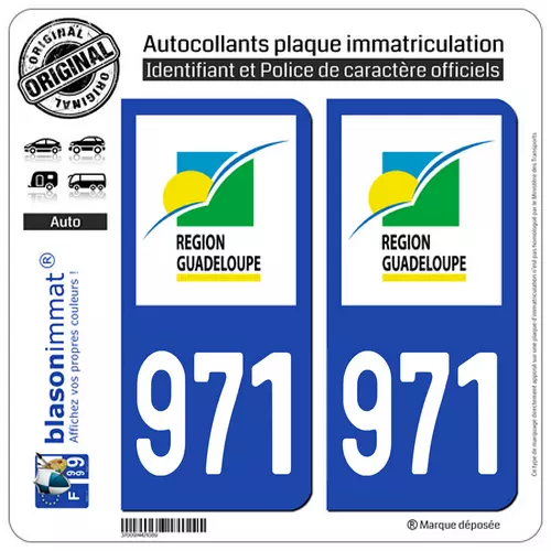 2 Stickers autocollant plaque immatriculation : 971-H Guadeloupe LogoType