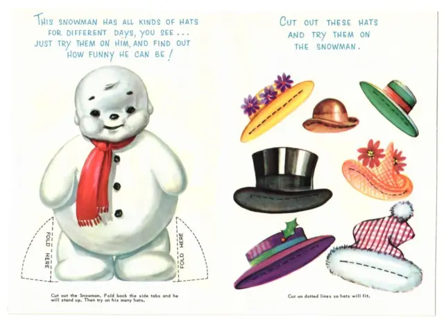 UNUSED Vintage Snowman Paper Doll Hats Christmas Greeting Card 1950's Rust Craft