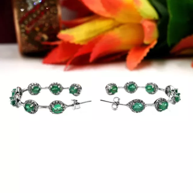 925 STERLING SILVER Natural Oval Emerald Hoop Engagement Earrings $99. ...