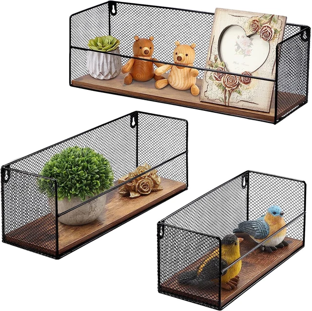 Black Floating Shelves for Wall Set of 3, Hanging Rustic Shelves Wire Frame for