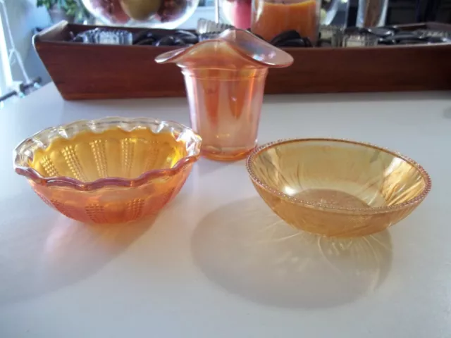 3 Pc Vtg Marigold Carnival Glass Bowls/Top Hat (Dugan ?) Vase: PRETTY!