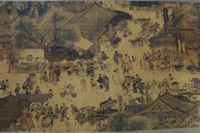Very Long Old Chinese Scroll Hand Painting "QingMingShangHeTu" ZhangZeDuan Marks