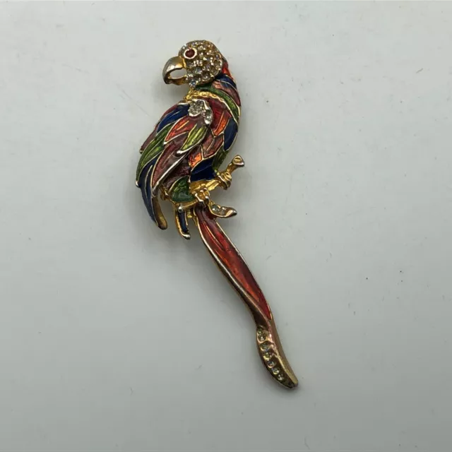 Vintage Colorful Parrot Bird Rhinestone Enamel Brooch Pin 3-1/4" Long  C7