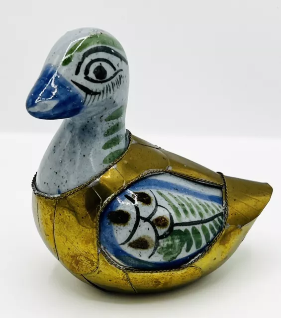 Tonala Mexiko Keramik Messing gepanzerte Ente Figur handbemalt