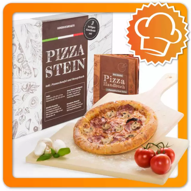 Pizzastein Set Deluxe - Brotbackstein aus Cordierit + Pizzaschaufel & Rezeptbuch