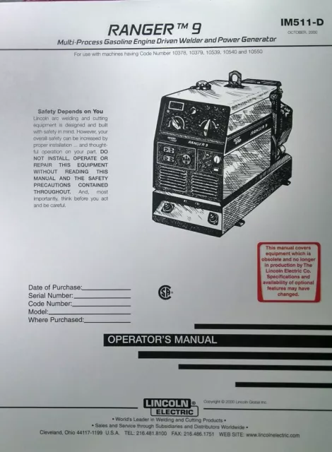 Lincoln Ranger 9 Welder Generator powered by: Onan P218 Gas Engine Owners Manual