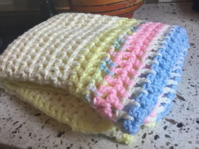 Handmade Soft Pink Yellow Blue Crochet Crib Baby Blanket Lap Afghan 47x32"