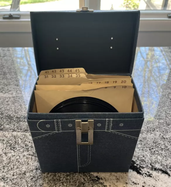 Platter Pak Blue Jean Denim 45 RPM Record Case No. 704 Includes 40+ 45’s