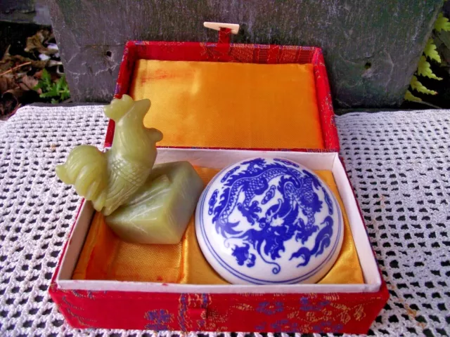 Vtg Chinese Carved Stone Rooster Name Kathleen Seal Stamp w/ Wax Pot in Silk Box
