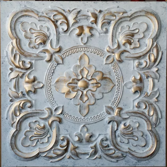 Faux tin vintage Ceiling tiles aged white gold decor wall panels PL30 10pcs/lot