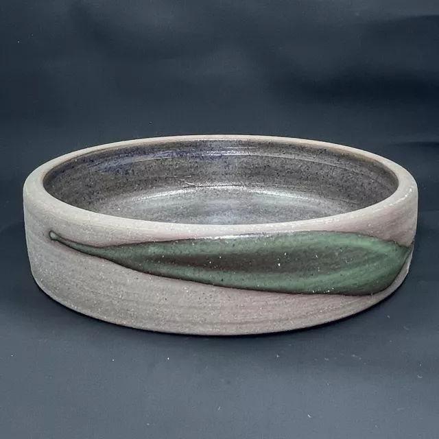 Handmade Stoneware Flat Bottom Round Bowl Artist Signed Pottery Multicolor Leaf