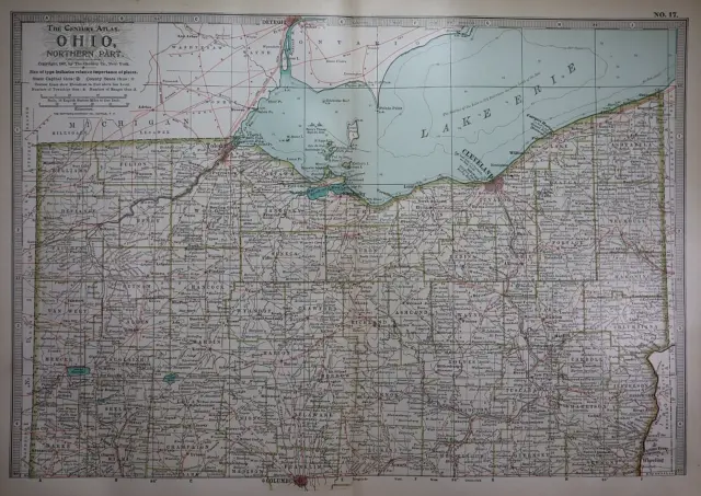 1897 Century Atlas Map ~ NORTHERN OHIO ~ (12x18) ~ Free S&H #249