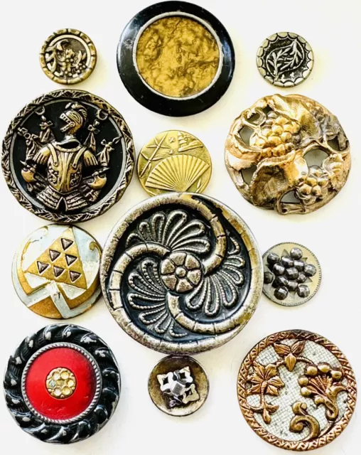 Lot of 12 Antique Victorian Miscellaneous Metal Buttons-Roman Soldier-Fan-More