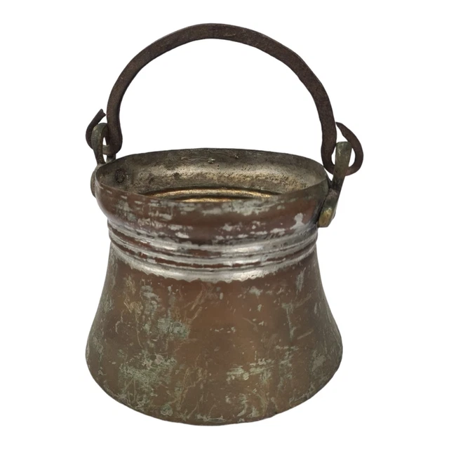 Antigua Olla Cobre con Mango De Hierro Hojalata VINTAGE Época 800 Colección