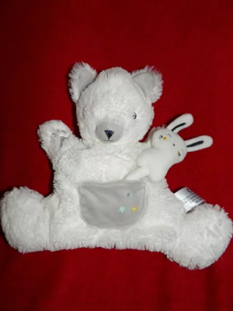 Doudou Marionnette Simba Toys Kiabi Ours Lapin Blanc Gris Poche 30Cm Etat Neuf