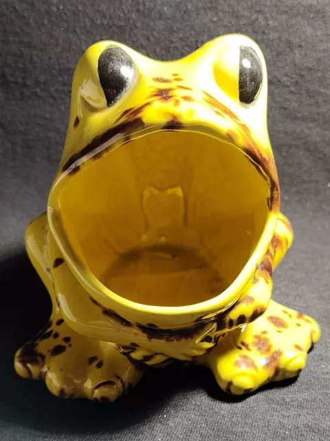 1970s Ceramic Speckled Frog Sponge Holder Yellow Planter Trinket Retro Signed